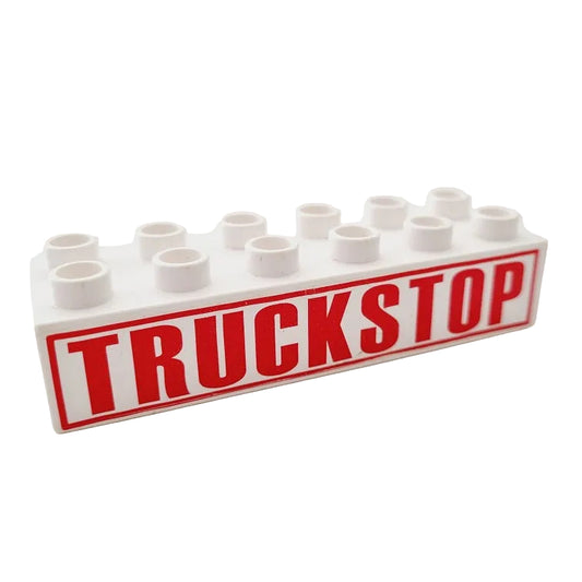 lego duplo bedruckt motivstein stadt 2300pb008 schild truckstop rastplartz 6x2 weiß schrift rot