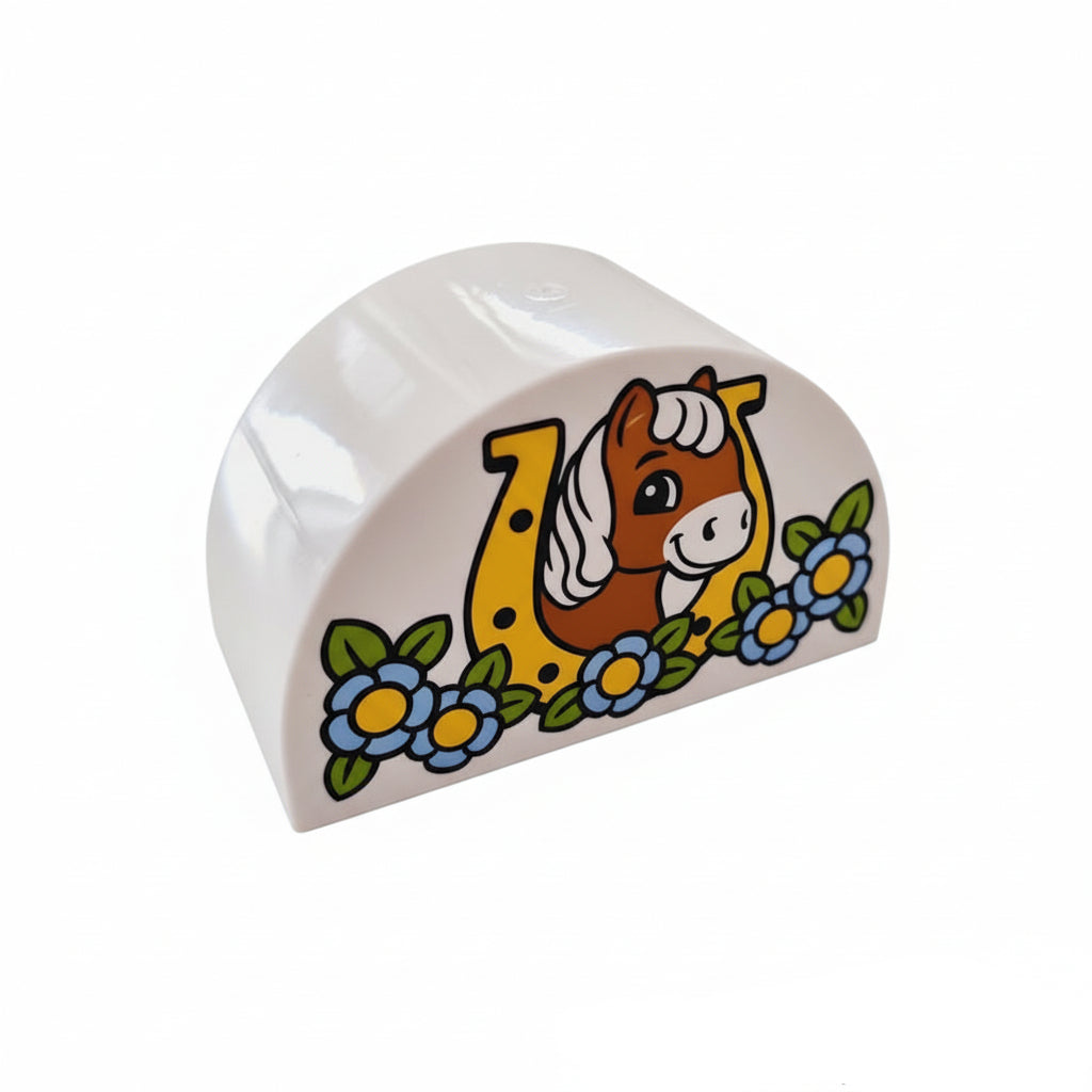 lego duplo bedruckt motivstein 31213pb038 pferd pony reiterhof pferdehof hufeisen blmen blüten einzelen 4x2 weiß rund schild