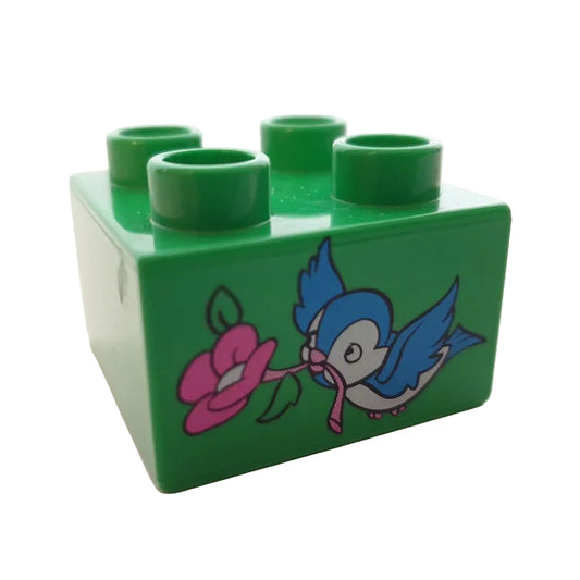 lego duplo bedruckt motivstein tier 3437pb039 vogel blume 2x2 knallgrün blume schnabel blau