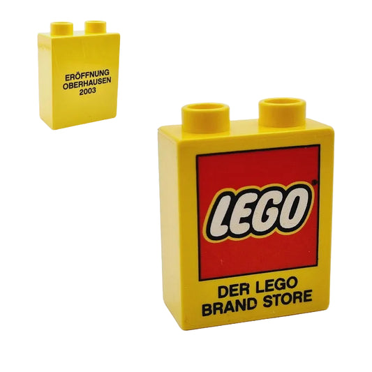 lego duplo bedruckt motivstein 4066pb134 der brand store eröffnung oberhausen 2003 logo sonderedition 2x1x2 gelb rot schwarz