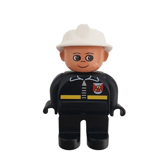 lego duplo figur feuerwehrleute feuerwehrmann 4555pb045 uniform schwarz helm weiß logo flamme