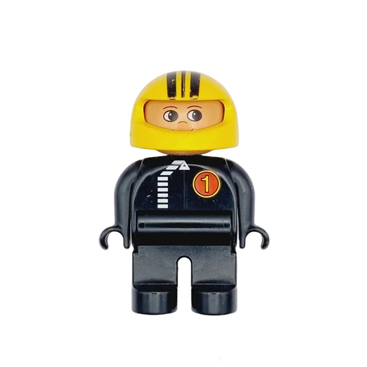lego duplo figur rennfahrer autorennen einzeln 4555pb067 anzug schwarz reißverschluss nummer 1 eins helm gelb streifen