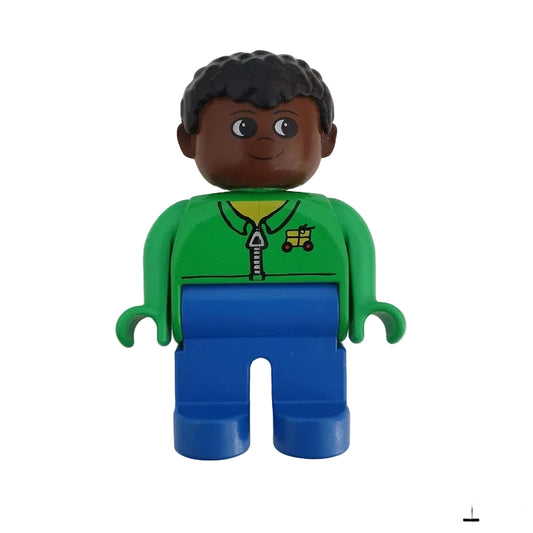 lego duplo figur 4555pb179 lieferfahrer lieferdienst blau jacke grün reißverschluss dunkelhäutig schwarz afro
