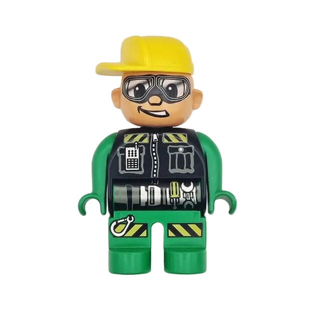 lego duplo figur toolo einzeln bauarbeiter rennfahrer 4555pb197 grün weste schwarz werkzeug schraubenschlüssel schraubendreher brille schutzbrille cappy kappe mütze gelb