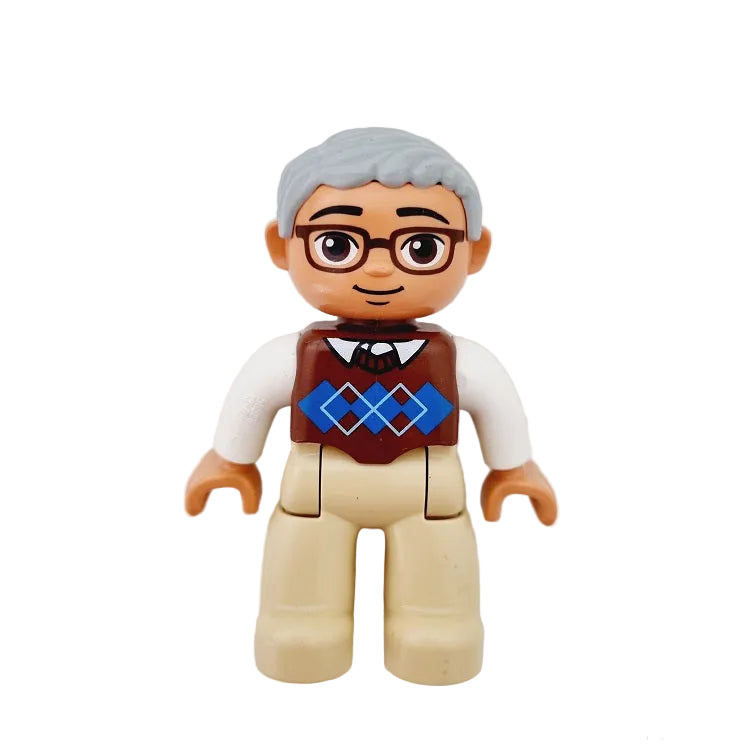 lego duplo figur opa opi großvater mann 47394pb174a sand beige pullunder polunder kariert karomuster braun kragen hamd weiß brille augen neu