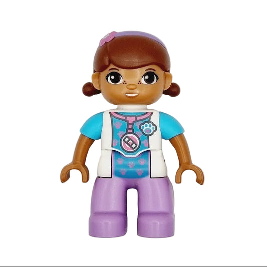 lego duplo figur doc mcstuffins einzeln 47394pb223 tierärztin flieder kittel weiß stethoskop pfote zöpfe braun haarreif