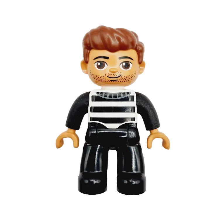 lego duplo figur einzeln böse bösewicht dieb insasse gefangener bandit sträfling räuber 47394pb264 streifen schwarz weiß pullover braun bartstoppeln mann