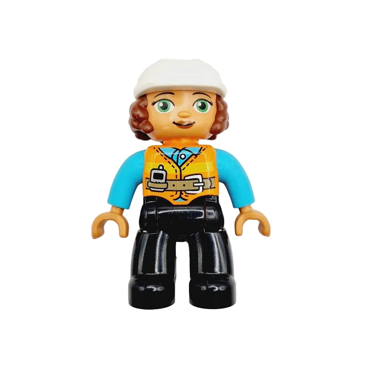 lego duplo figur einzeln bauarbeiter mechaniker 47394pb291 bauarbeiterin arbeiterin schwarz weste orange hemd azur locken helm weiß
