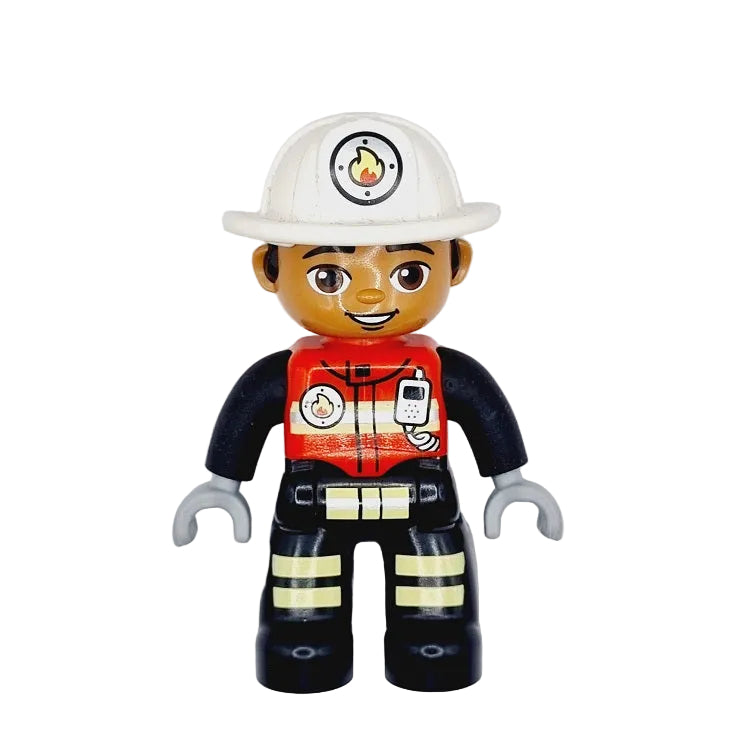 lego duplo figur feuerwehrmann 47394pb332 neu schwarz uniform rot funkgerät helm bedruckt weiß dunkelhäutig latino inder