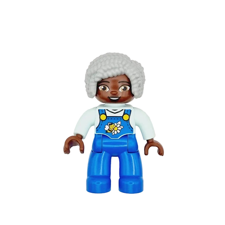 lego duplo figur frau oma omi großmutter haare grau 47394pb357 latzhose blau biene pullover mint schwarz afrikanerin locken