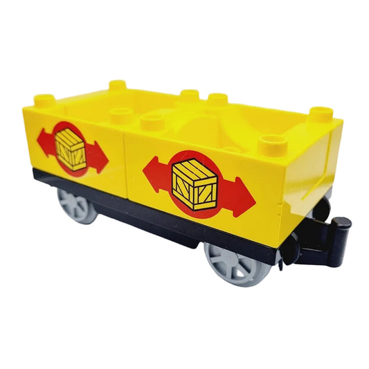lego duplo eisenbahn zug lok lokomotive waggon wagen anhänger bausteinjäger einzeln güterwagen pritsche container gelb boxen kisten holzkisten pfeile gelb