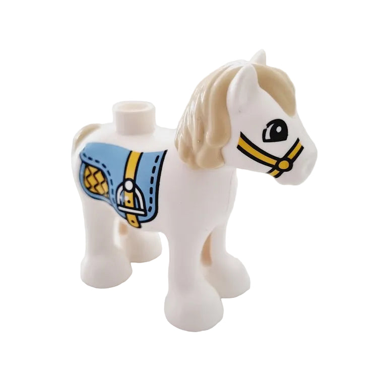 lego duplo tiere tier pferd pony klein einzeln einzelteile bausteinjäger horse05c01pb05 weiß sattel decke steigbügel zaumzeug trense gelb blau