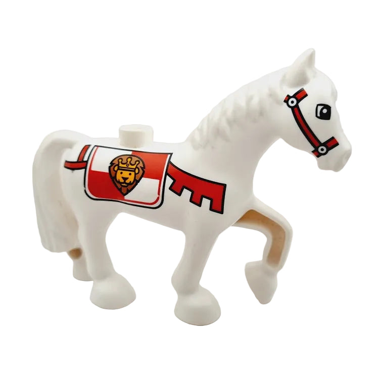 lego duplo tiere einzeln einzelteile pferd pferde bausteinjäger 1376pb03 weiß ritterpferd decke löwe krone zaumzeug rot 
