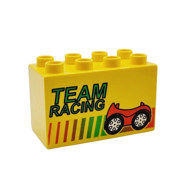 lego duplo baustein bedruckt motivstein autorennen 31111pb009 4x2x2 team racing rennauto werbung gelb