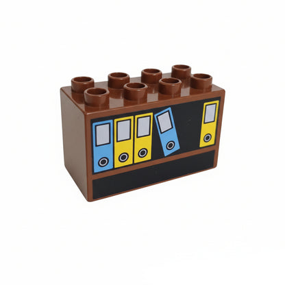 lego duplo bedruckt motivstein regal sideboard aktenschrank 4x2x2 dunkelbraun akten ordner gelb blau möbel büro puppenhaus
