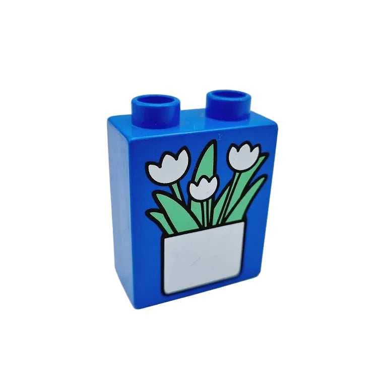 lego duplo bedruckt motivstein 4066pb056 blumenvasa blumen vase tulpen weiß blau einzeln 2x1x2 dekoration puppenhaus haus
