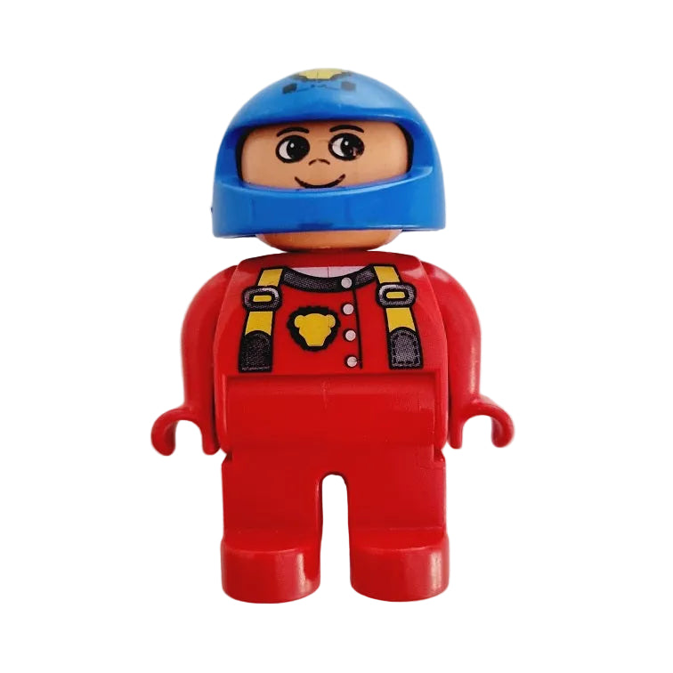 lego duplo figur rennfahrer autorennen einzeln 4555pb065 anzug rot helm blau hosenträger löwe