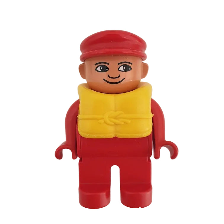 lego duplo figur mann alt männlich papa vater 4555pb115 rot rettungsweste gelb schwimmweste hut kappe rot