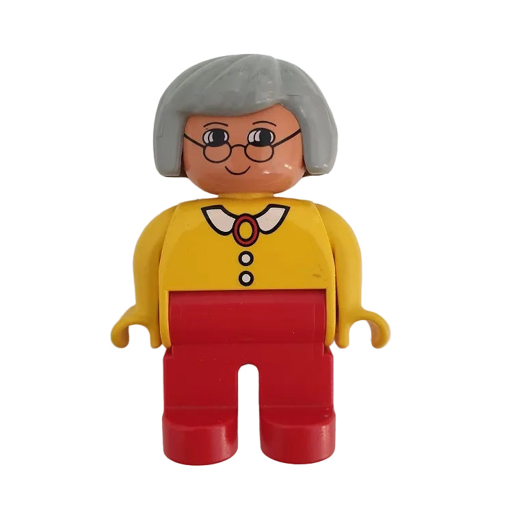 lego duplo figur frau oma omi großmutter haare grau 4555pb132 rot gelb brosche kragen brille