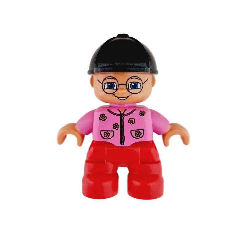 lego duplo figur kind mädchen neu 47205pb005 helm reiterhelm brille rot pink jacke blümchen blumen 