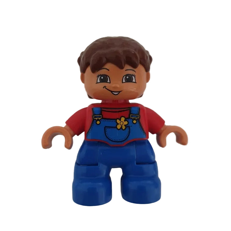 lego duplo figur kind mädchen neu 47205pb021 latzhose blau rot zöpfe braun blümchen blume