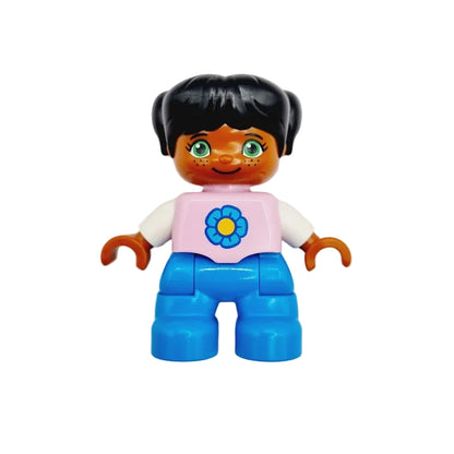 lego duplo figur mädchen kind 47205pb050 braun schwarz inderin blau rosa blume zöpfe grün einzeln