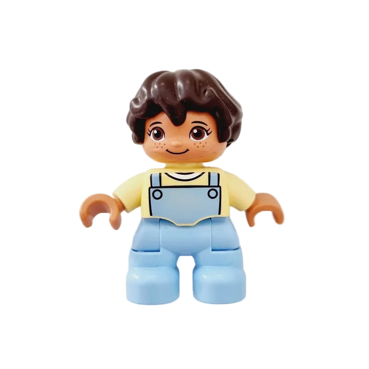 lego duplo figur mädchen kind 47205pb073 latzhose hellblau hellgelb braun kurz