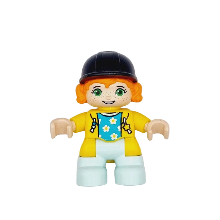 lego duplo figur mädchen kind 47205pb082 helm reiterhelm jacke gelb mint blümchen orange rot