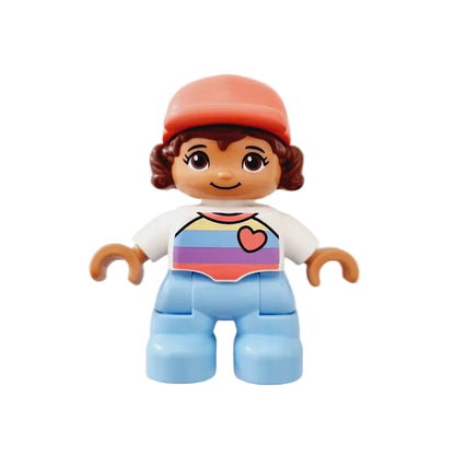 lego duplo figur mädchen kind 47205pb091 hellblau streifen gestreift regenbogen kappe mütze cap lachs koralle braun