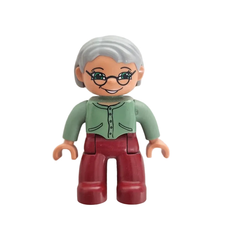 lego duplo figur frau oma omi großmutter haare grau 47394pb030a rotbraun dunkelrot jacke olivgrün grün jacke brille