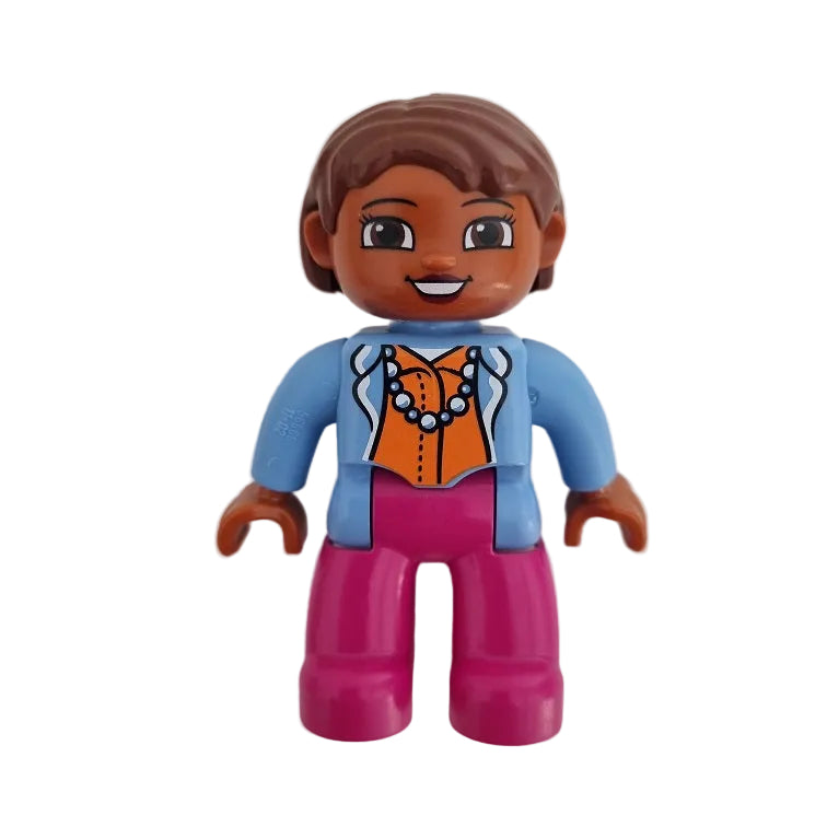 lego duplo figur frau mama mutter neu 47394pb190 jacke hellblau hose hellblau  braun latina perlenkette orange