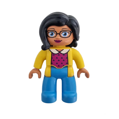 lego duplo figur frau weiblich mama lehrerin mutter 47394pb248 blau jacke gelb bluse dreiecke brille haare schwarz kragen pink beere