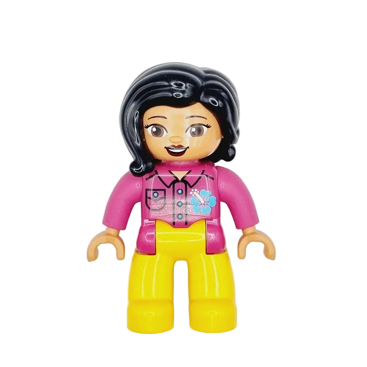 lego duplo figur frau weiblich mama lehrerin mutter 47394pb271 gelb jacke bluse pink beere blume schwarz dunkelhäutig latina lippenstift