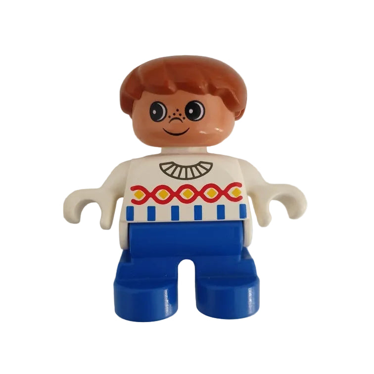 lego duplo figur kind alte generation 6453pb018 junge blau weiß pullover muster braun sommersprossen