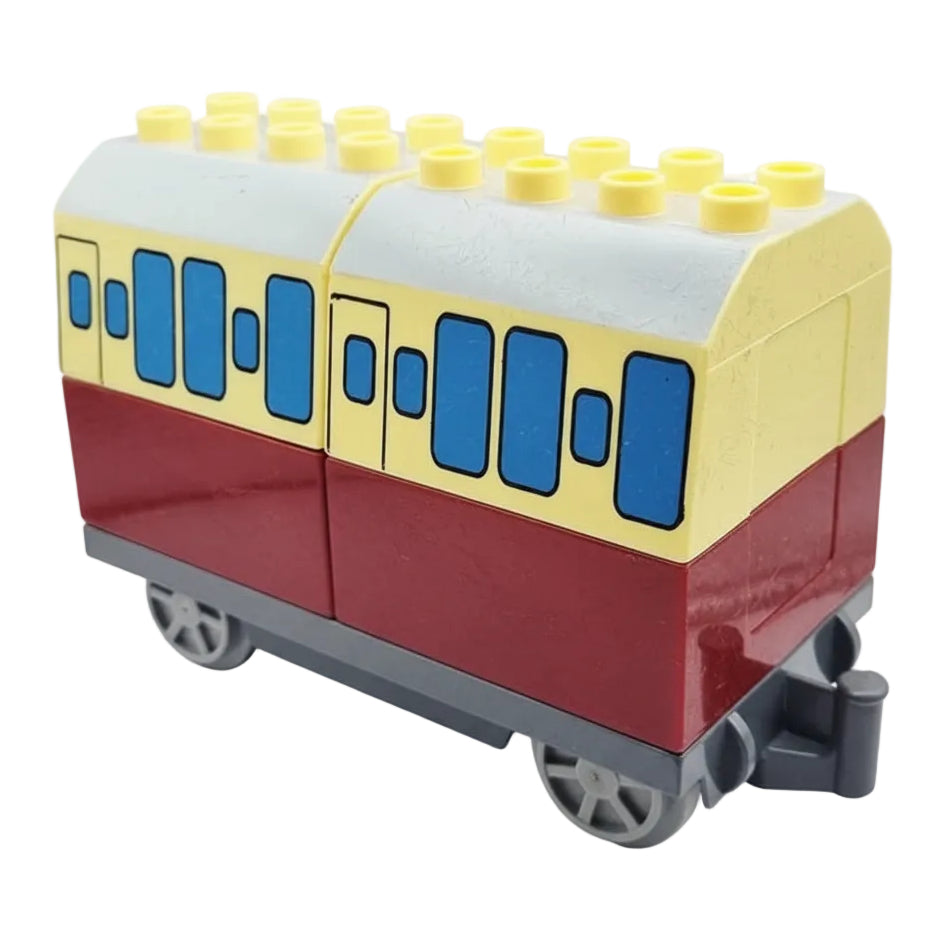 lego duplo eisenbahn zug lok lokomotive waggon wagen anhänger bausteinjäger einzeln personenwagen personenwagon dunkelrot beige hellelb fenster dach
