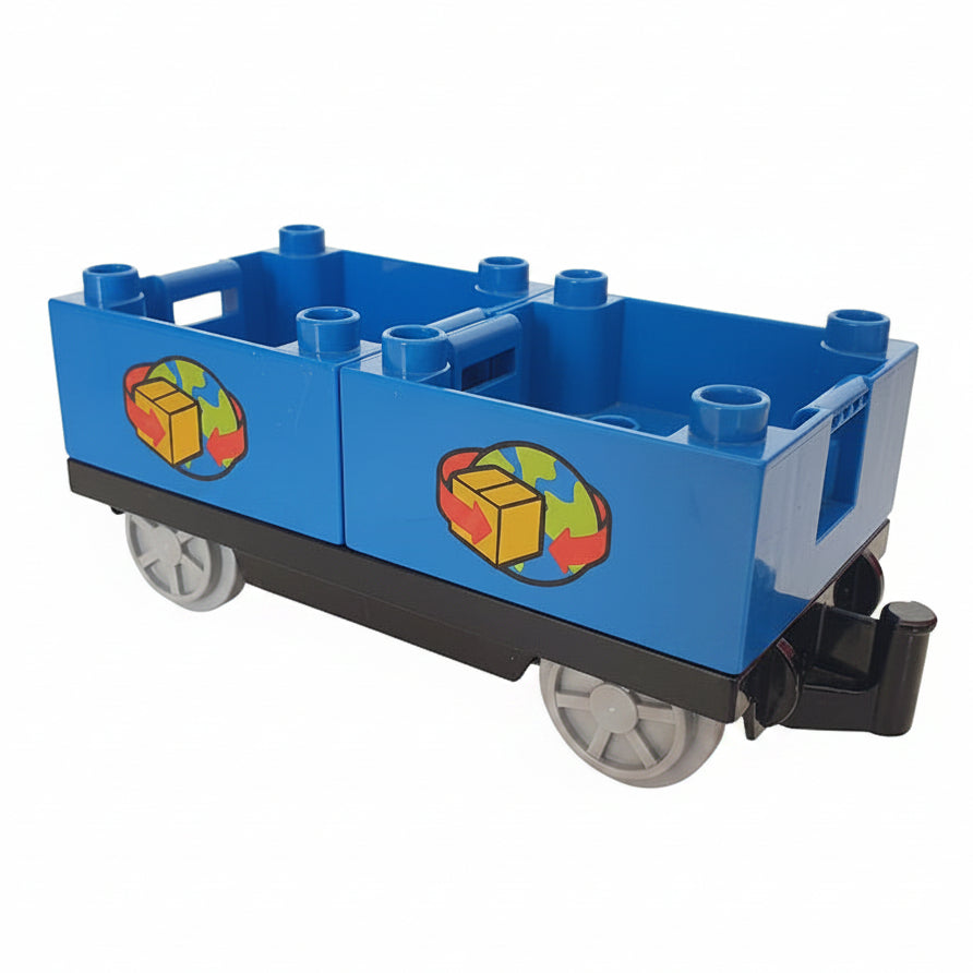 lego duplo eisenbahn zug lok lokomotive waggon wagen anhänger bausteinjäger einzeln güterwagen blau karton welt erdkugel logistik transport