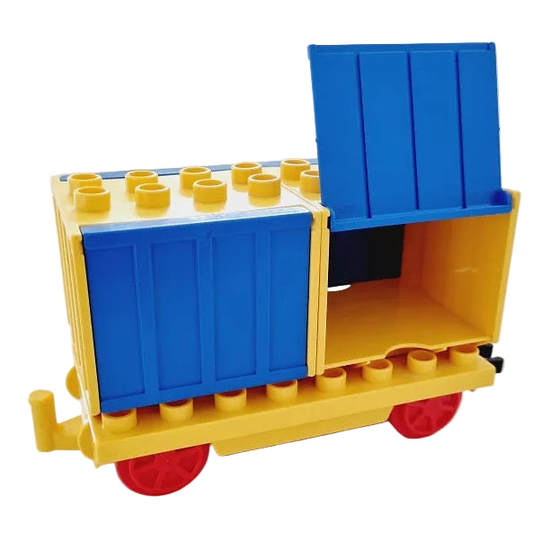 lego duplo eisenbahn zug lok lokomotive waggon wagen anhänger bausteinjäger einzeln containerwaggon klappen gelb blau
